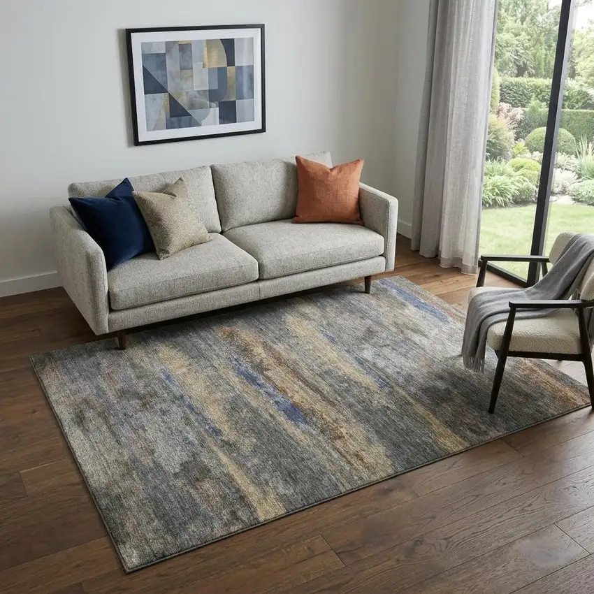 Graphite Gold And Blue Abstract Washable Area Rug With UV Protection Photo 1