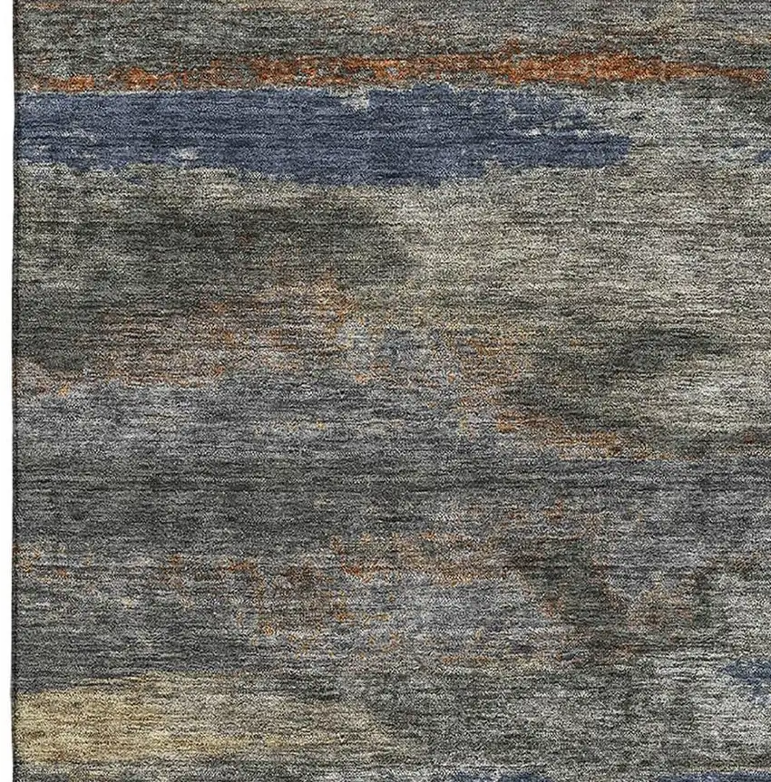 Graphite Gold And Blue Abstract Washable Area Rug With UV Protection Photo 3