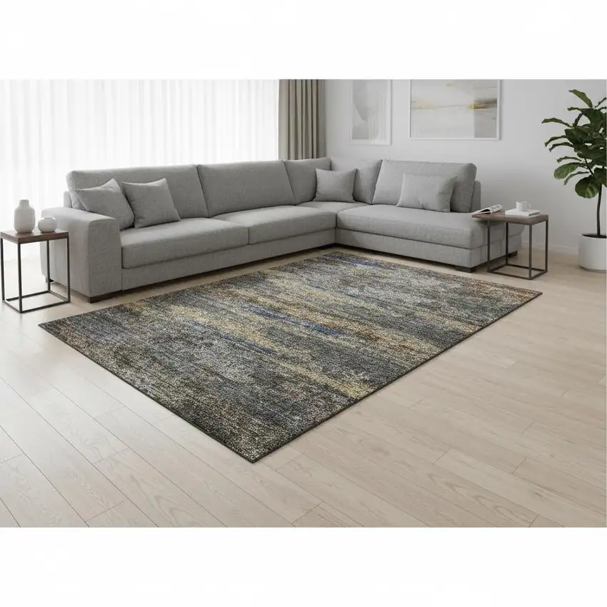 Graphite Gold And Blue Abstract Washable Area Rug With UV Protection Photo 2
