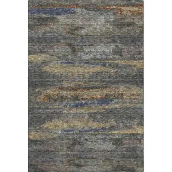 Graphite Gold And Blue Abstract Washable Area Rug With UV Protection Photo 2