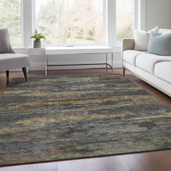 Graphite Gold And Blue Abstract Washable Area Rug With UV Protection Photo 5