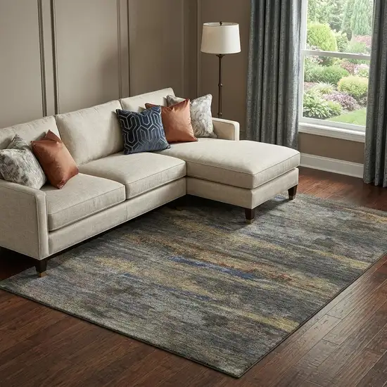 Graphite Gold And Blue Abstract Washable Area Rug With UV Protection Photo 1