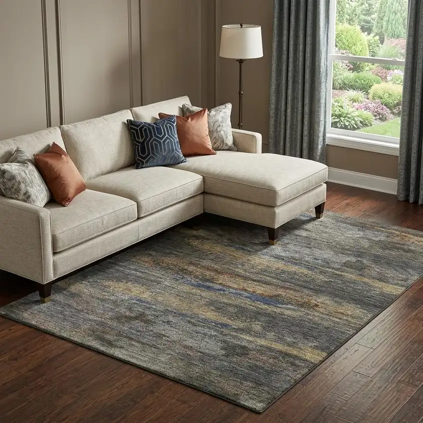 Graphite Gold And Blue Abstract Washable Area Rug With UV Protection Photo 1