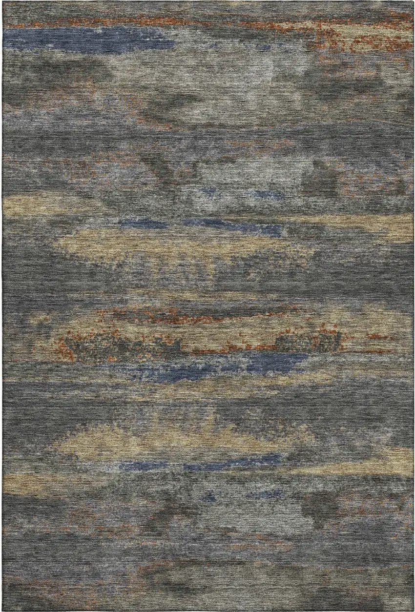 Graphite Gold And Blue Abstract Washable Area Rug With UV Protection Photo 1