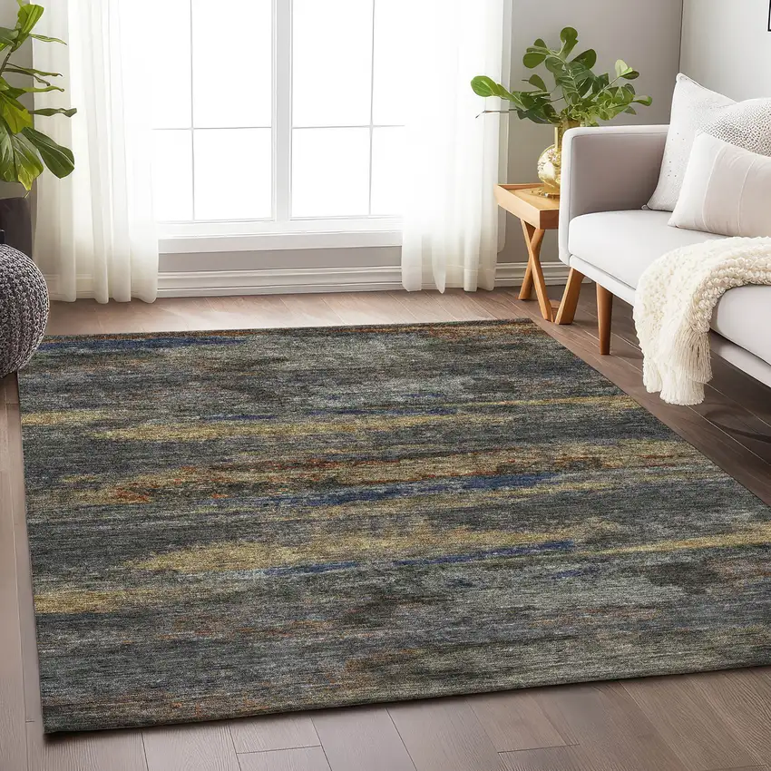 Graphite Gold And Blue Abstract Washable Area Rug With UV Protection Photo 4