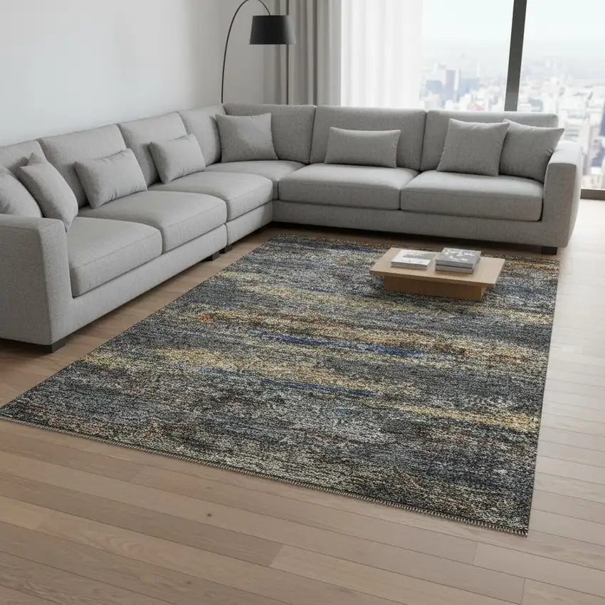 Graphite Gold And Blue Abstract Washable Area Rug With UV Protection Photo 2