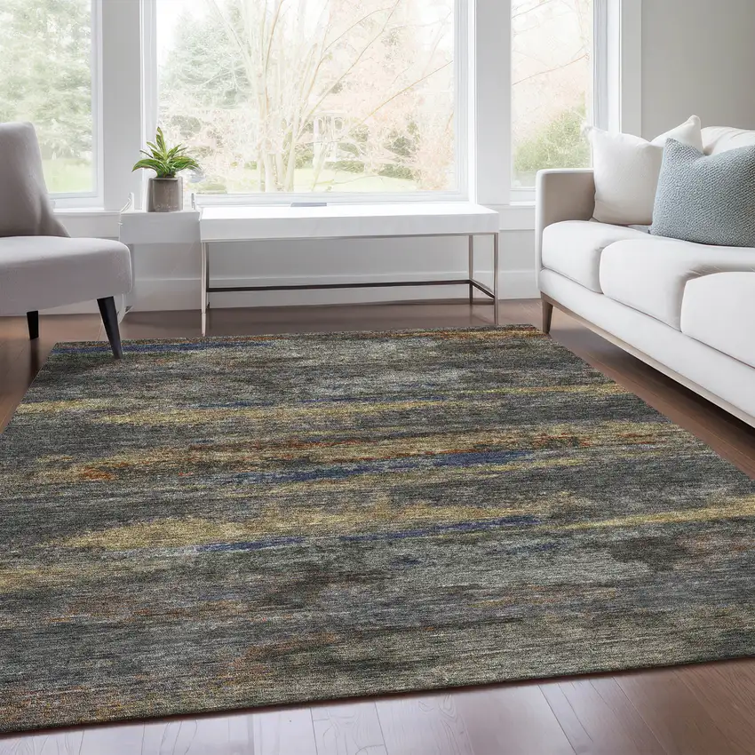 Graphite Gold And Blue Abstract Washable Area Rug With UV Protection Photo 5