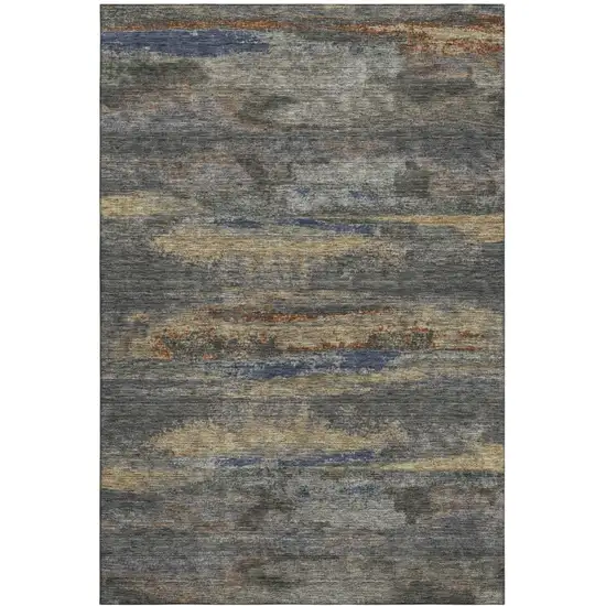 Graphite Gold And Blue Abstract Washable Area Rug With UV Protection Photo 2