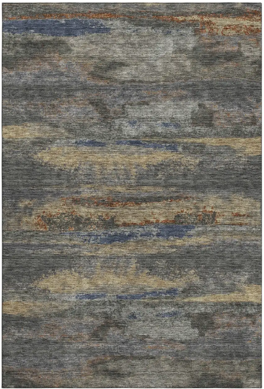 Graphite Gold And Blue Abstract Washable Area Rug With UV Protection Photo 2