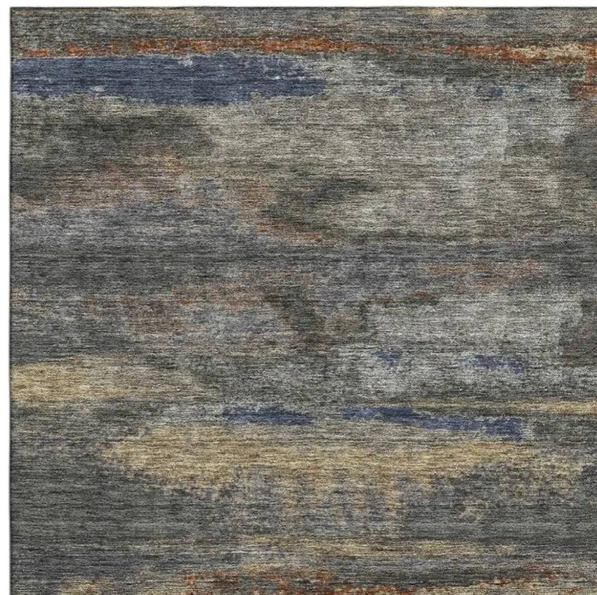 Graphite Gold And Blue Abstract Washable Area Rug With UV Protection Photo 7