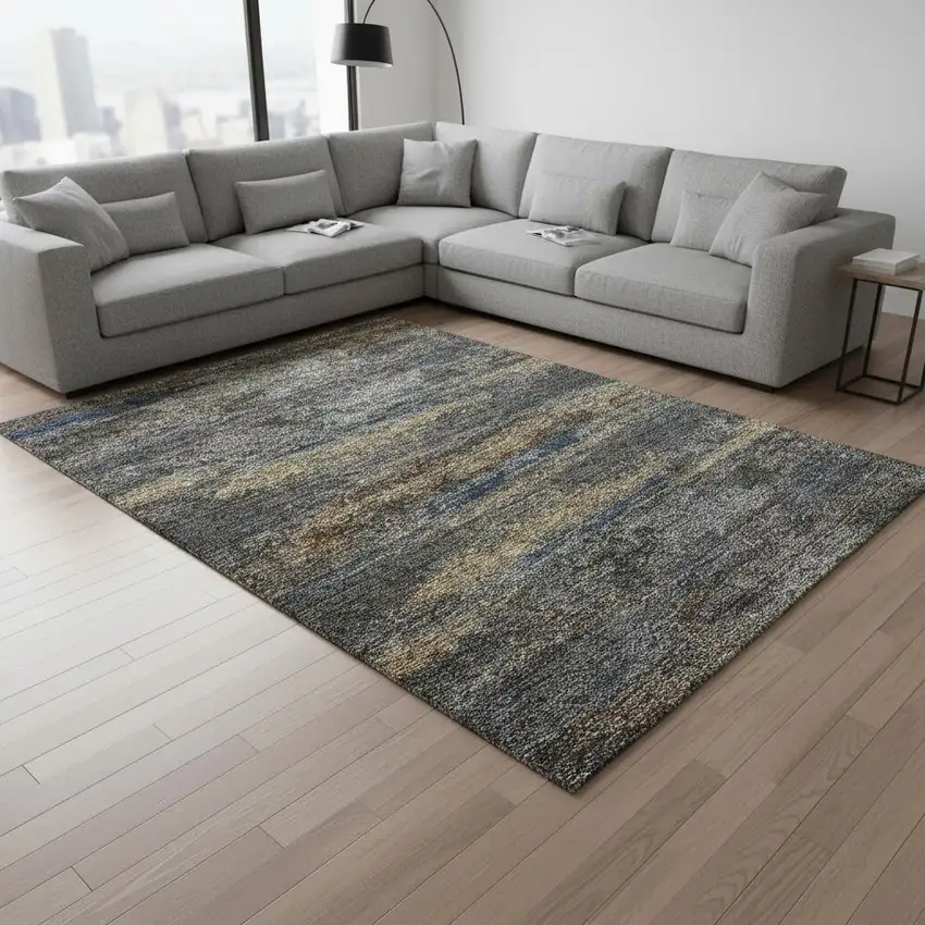 Graphite Gold And Blue Abstract Washable Area Rug With UV Protection Photo 2