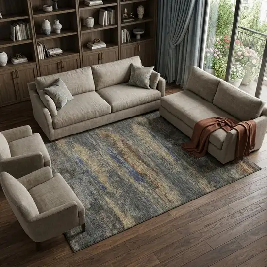 Graphite Gold And Blue Abstract Washable Area Rug With UV Protection Photo 1