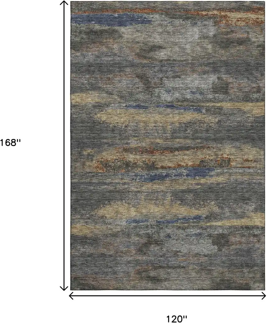 Graphite Gold And Blue Abstract Washable Area Rug With UV Protection Photo 6