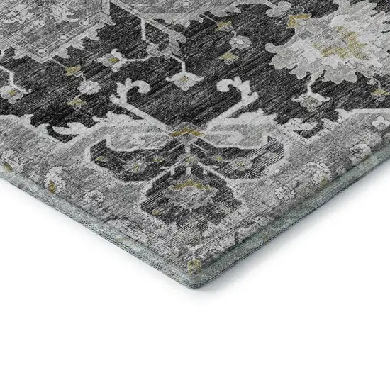 Graphite Gold And Charcoal Floral Medallion Washable Area Rug With UV Protection Photo 9