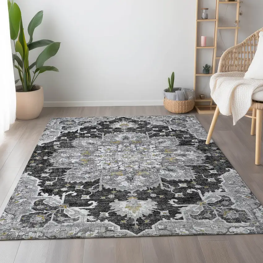 Graphite Gold And Charcoal Floral Medallion Washable Area Rug With UV Protection Photo 6