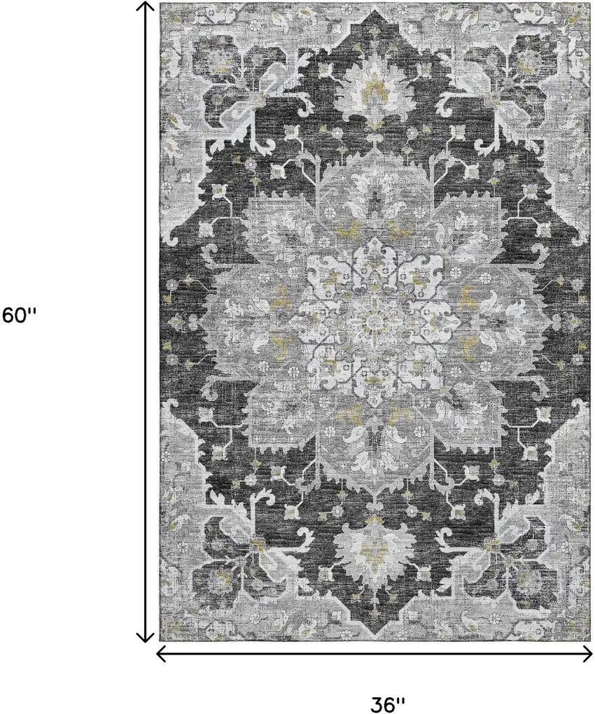 Graphite Gold And Charcoal Floral Medallion Washable Area Rug With UV Protection Photo 3