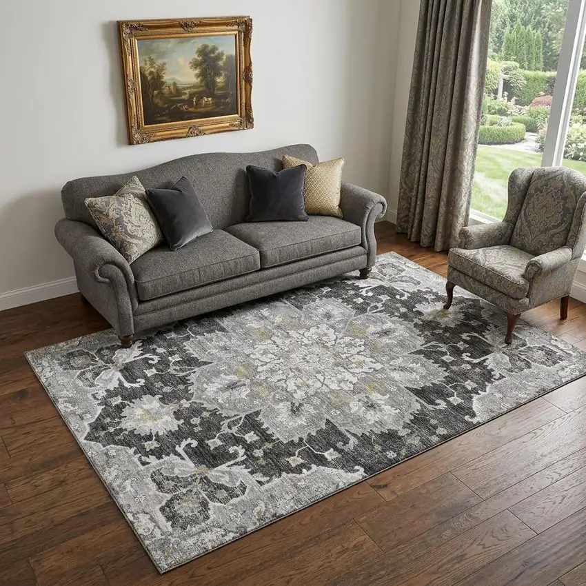 Graphite Gold And Charcoal Floral Medallion Distressed Washable Area Rug With UV Protection Photo 1