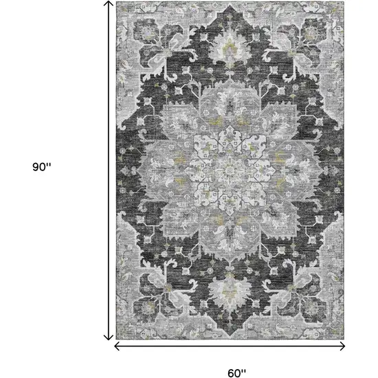 Graphite Gold And Charcoal Floral Medallion Washable Area Rug With UV Protection Photo 3