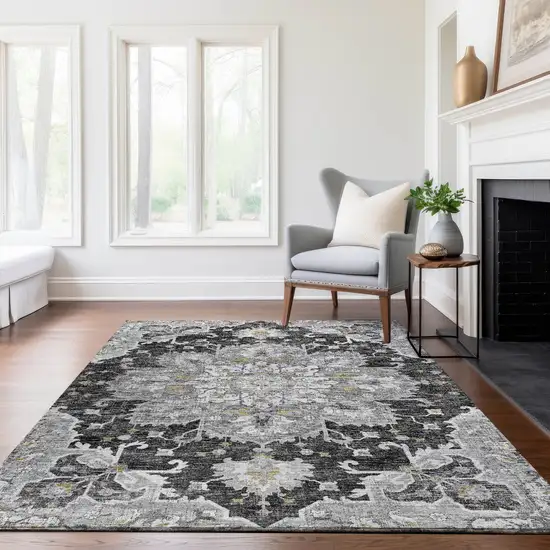 Graphite Gold And Charcoal Floral Medallion Washable Area Rug With UV Protection Photo 5