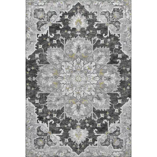 Graphite Gold And Charcoal Floral Medallion Washable Area Rug With UV Protection Photo 2