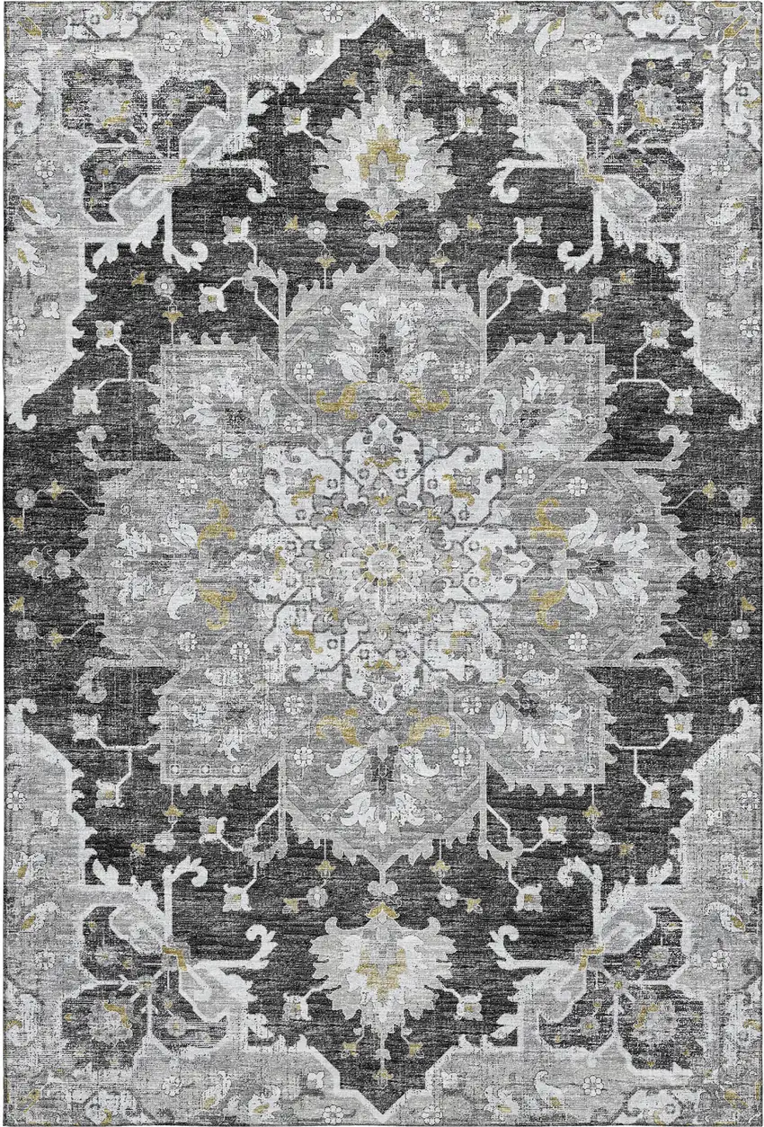 Graphite Gold And Charcoal Floral Medallion Washable Area Rug With UV Protection Photo 2