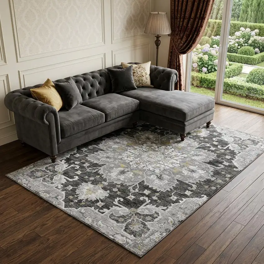 Graphite Gold And Charcoal Floral Medallion Distressed Washable Area Rug With UV Protection Photo 1