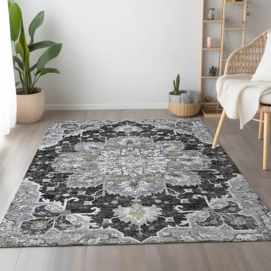 Graphite Gold And Charcoal Floral Medallion Washable Area Rug With UV Protection Photo 4