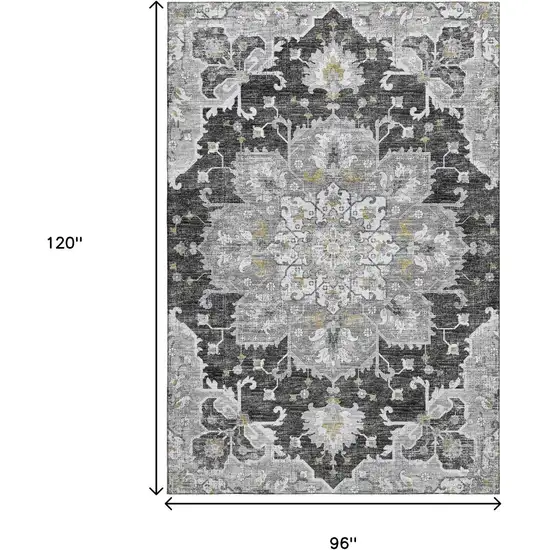 Graphite Gold And Charcoal Floral Medallion Washable Area Rug With UV Protection Photo 3