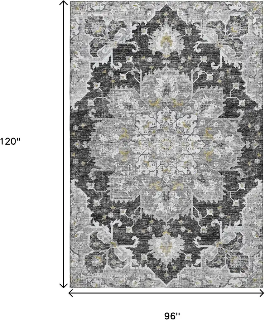 Graphite Gold And Charcoal Floral Medallion Washable Area Rug With UV Protection Photo 3