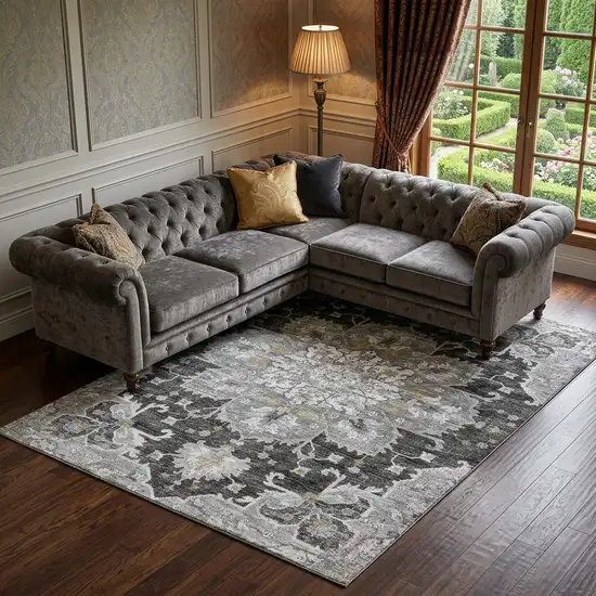 Graphite Gold And Charcoal Floral Medallion Distressed Washable Area Rug With UV Protection Photo 1