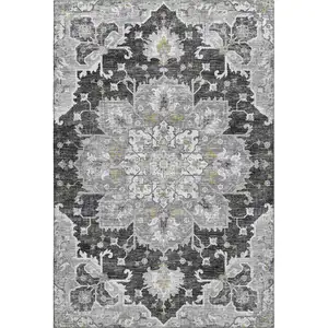 Photo of Graphite Gold And Charcoal Floral Medallion Washable Area Rug With UV Protection