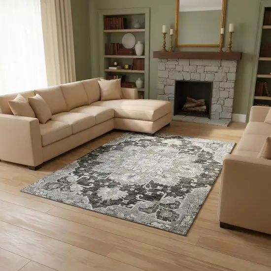 Graphite Gold And Charcoal Floral Medallion Washable Area Rug With UV Protection Photo 1