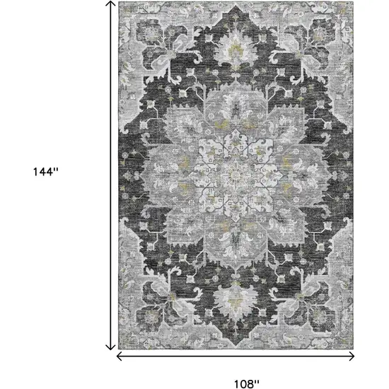 Graphite Gold And Charcoal Floral Medallion Washable Area Rug With UV Protection Photo 3