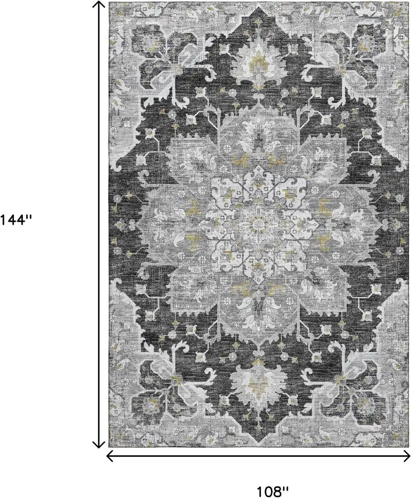 Graphite Gold And Charcoal Floral Medallion Washable Area Rug With UV Protection Photo 3