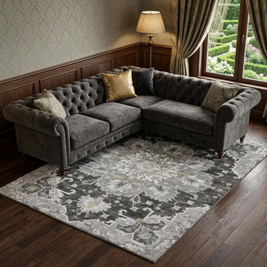 Graphite Gold And Charcoal Floral Medallion Distressed Washable Area Rug With UV Protection Photo 1