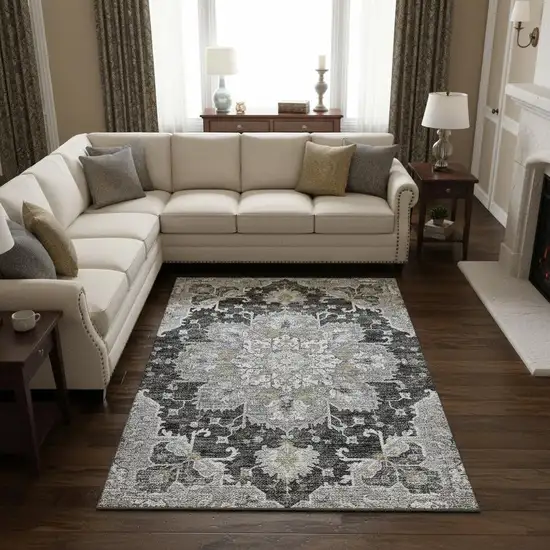 Graphite Gold And Charcoal Floral Medallion Washable Area Rug With UV Protection Photo 1