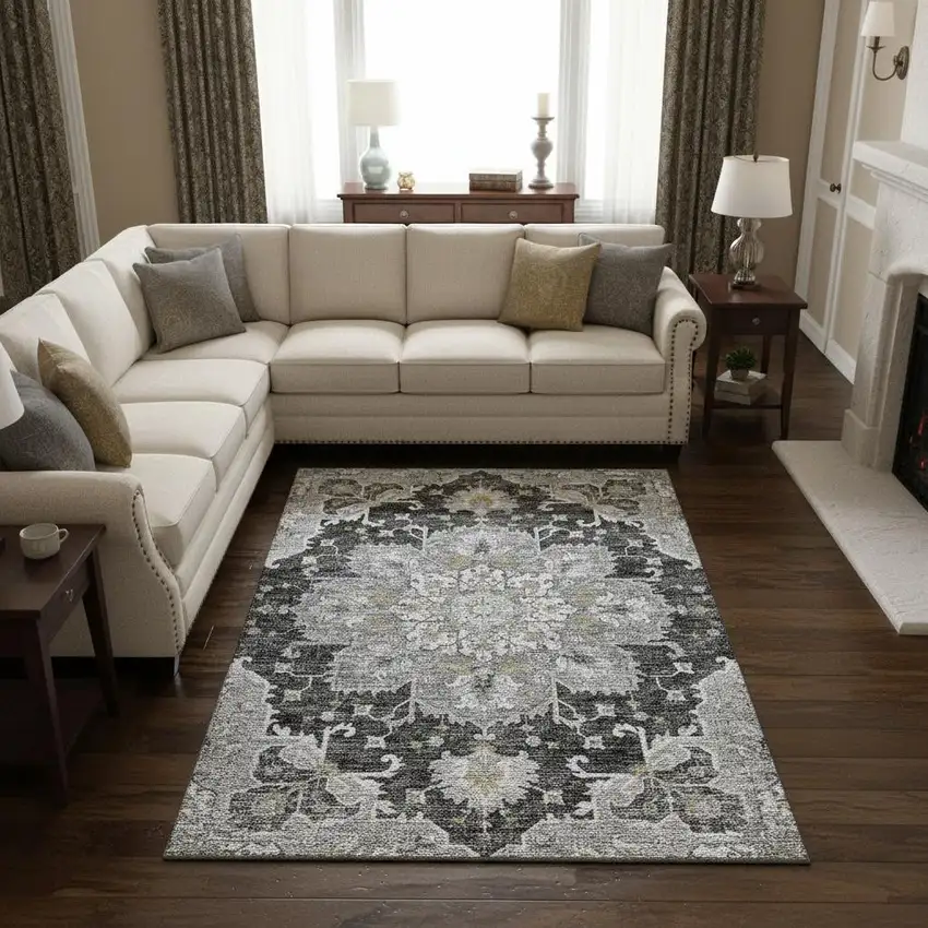 Graphite Gold And Charcoal Floral Medallion Washable Area Rug With UV Protection Photo 1