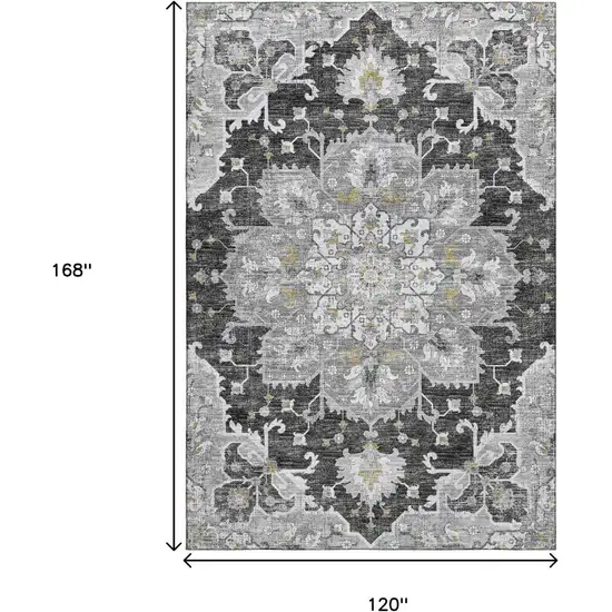 Graphite Gold And Charcoal Floral Medallion Washable Area Rug With UV Protection Photo 3