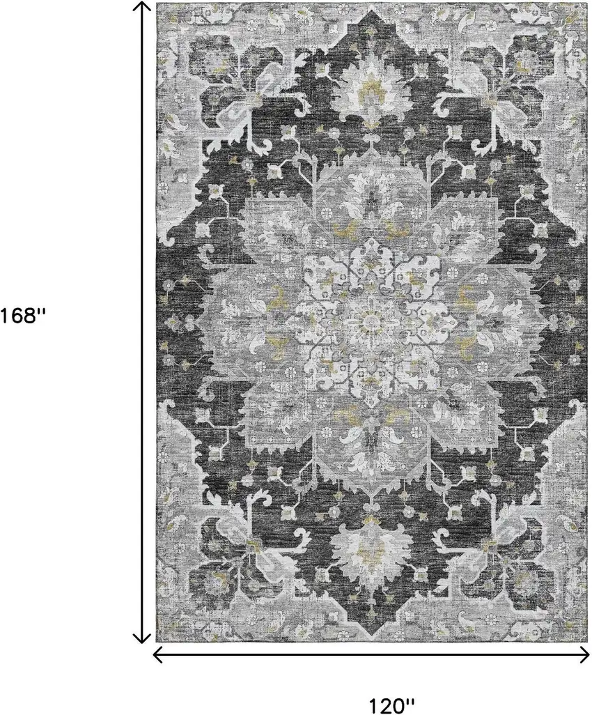 Graphite Gold And Charcoal Floral Medallion Washable Area Rug With UV Protection Photo 3