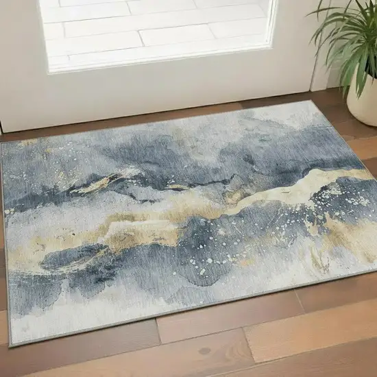 Graphite Gold And Silver Abstract Washable Area Rug With UV Protection Photo 2