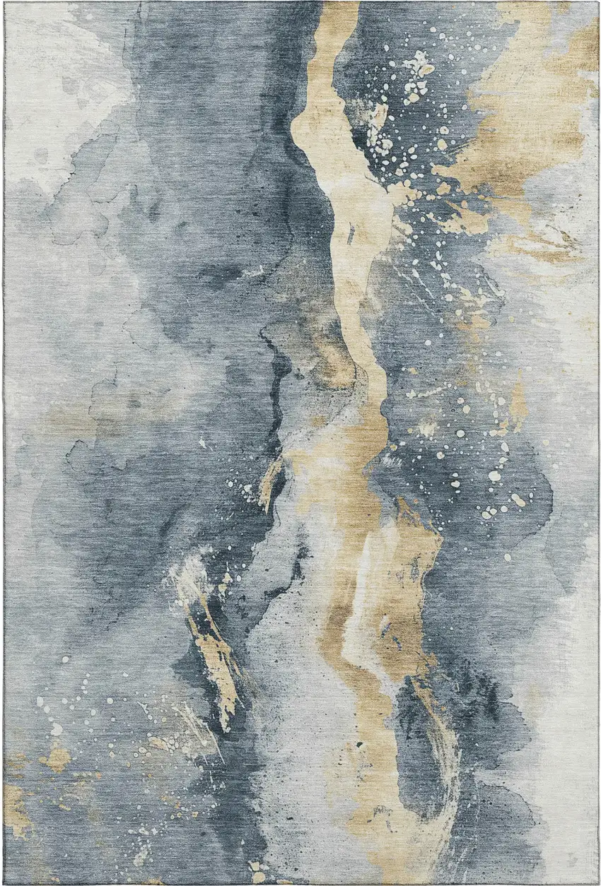 Graphite Gold And Silver Abstract Washable Area Rug With UV Protection Photo 1