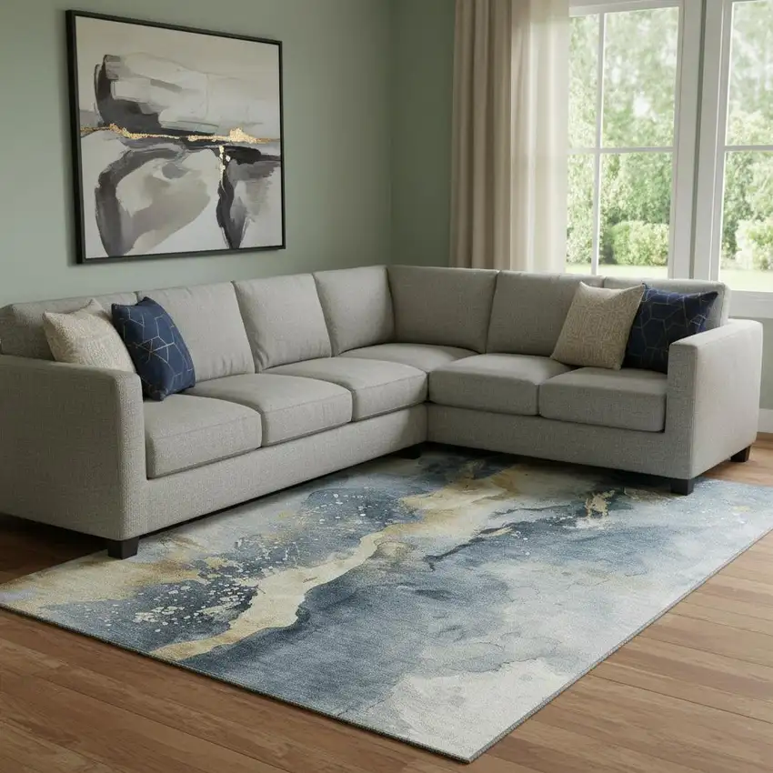 Graphite Gold And Silver Abstract Washable Area Rug With UV Protection Photo 2