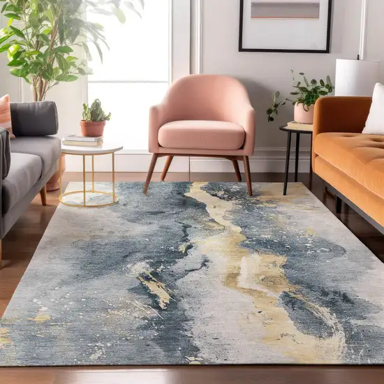 Graphite Gold And Silver Abstract Washable Area Rug With UV Protection Photo 4