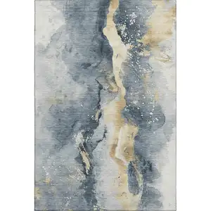 Photo of Graphite Gold And Silver Abstract Washable Area Rug With UV Protection