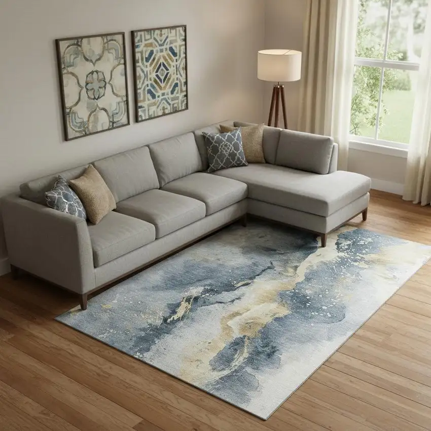 Graphite Gold And Silver Abstract Washable Area Rug With UV Protection Photo 2