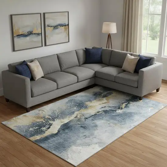 Graphite Gold And Silver Abstract Washable Area Rug With UV Protection Photo 2