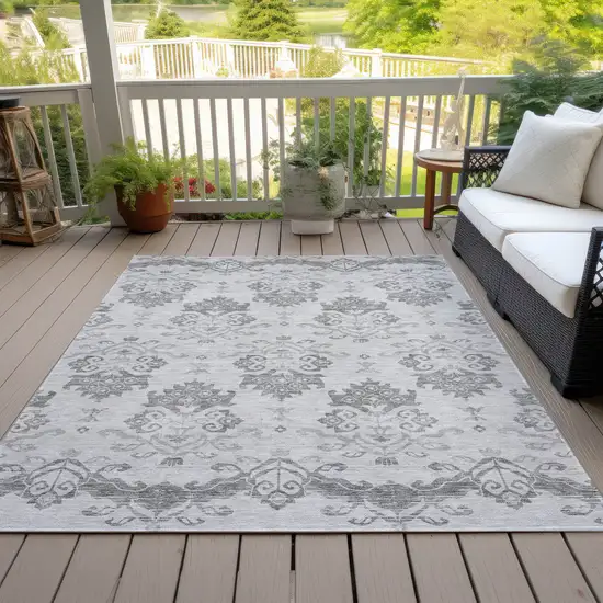 Graphite Gray And Silver Oriental Washable Indoor Outdoor Area Rug Photo 7