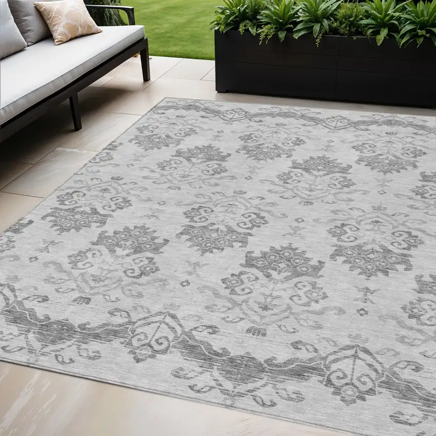 Graphite Gray And Silver Oriental Washable Indoor Outdoor Area Rug Photo 1