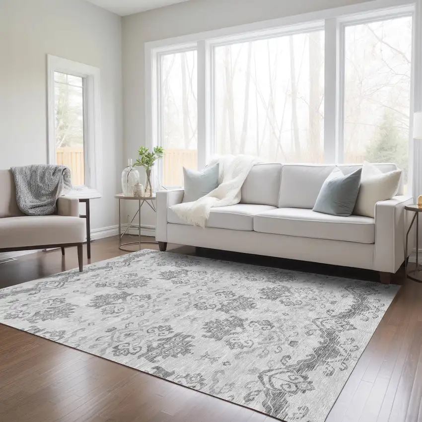 Graphite Gray And Silver Oriental Washable Indoor Outdoor Area Rug Photo 7