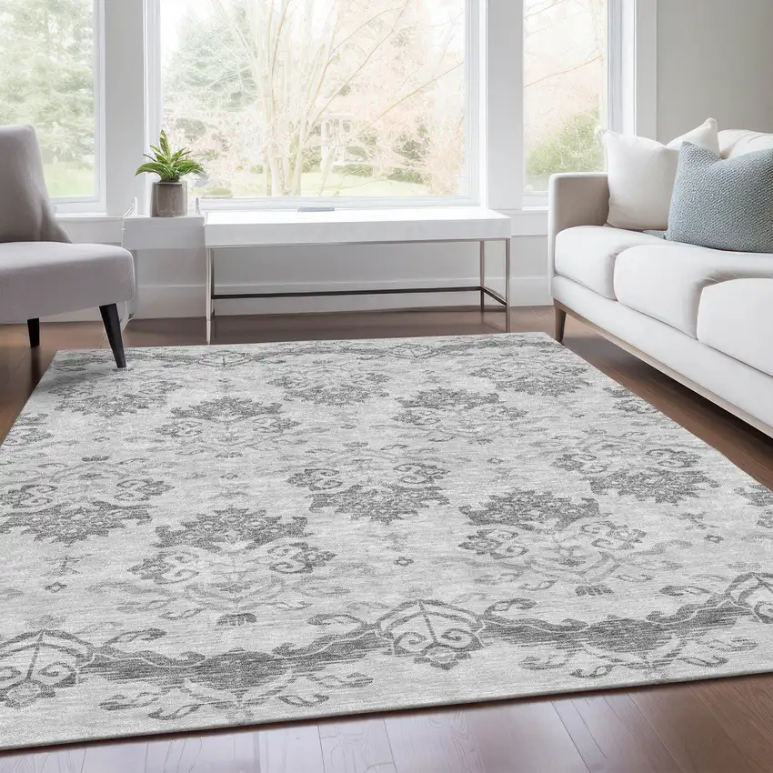 Graphite Gray And Silver Oriental Washable Indoor Outdoor Area Rug Photo 6